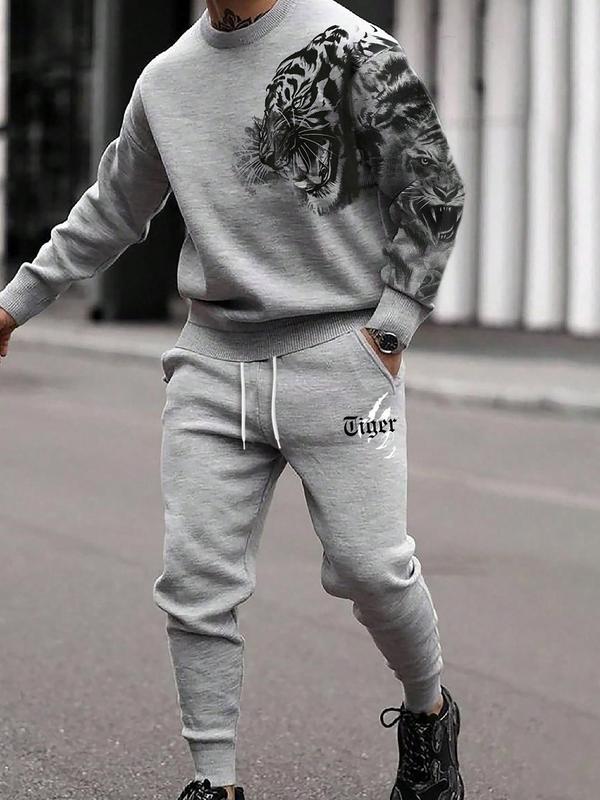 Men's Tiger Print Sweatshirt & Letter Print Drawstring Waist Sweatpants Set, Regular Fit Casual Round Neck Long Sleeve Pullover & Pocket Jogger Pants, Men's Two-piece Outfits for Fall & Winter