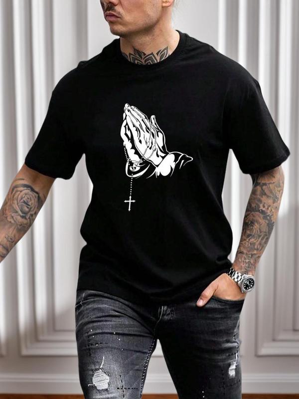 Men's Summer Hands Graphic Round Neck Drop Shoulder Tee, Prayer Gesture & Cross Print T-shirt, Summer Clothes Streetwear Regular Fit Short Sleeve T-shirt, Men's T Shirts, Men's Crewneck Top for Daily Wear, Menswear Tshirt