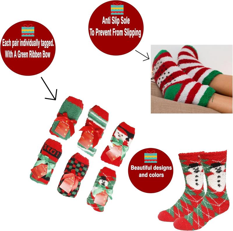 Mens-Womens Christmas Holiday Fuzzy Socks with Grips Non Slip Skid Slipper Fluffy  Winter Crew Sleep Socks