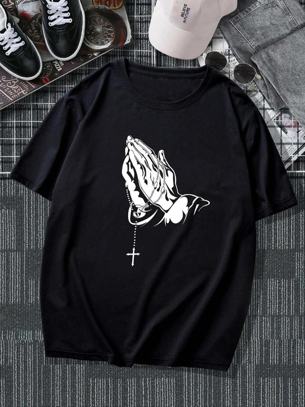 Men's Summer Hands Graphic Round Neck Drop Shoulder Tee, Prayer Gesture & Cross Print T-shirt, Summer Clothes Streetwear Regular Fit Short Sleeve T-shirt, Men's T Shirts, Men's Crewneck Top for Daily Wear, Menswear Tshirt