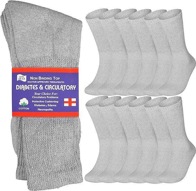 {12-Pairs} Unisex Cotton Non-Binding Extra Wide Diabetic Crew Socks For Men & Women