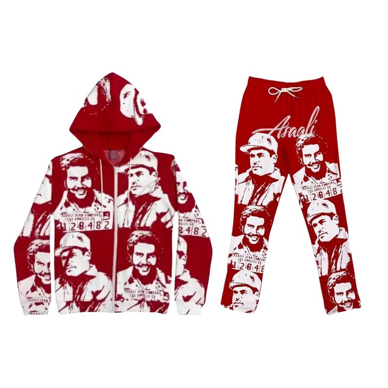 Pabllo Esc0bba Hip Hop Tracksuit, 2024 Hip Hop Streetwear Outfit, All Over Print Rep 1:1 Out Law Luxury Inspired Zipper and Sweatpant, Gift For Men Women