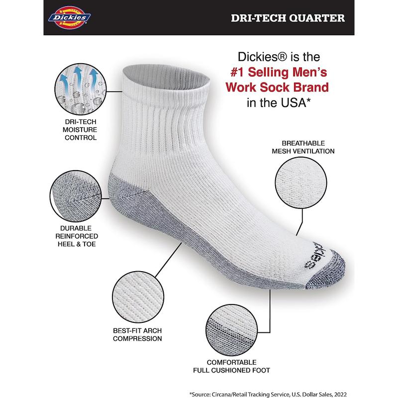 Dickies Men'S Dri-Tech Moisture Control Quarter Socks, Available in M-XXL (6, 12, 18 Pairs) Dickies