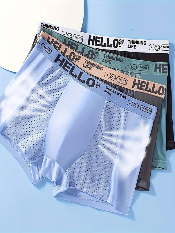 4pcs Men's Fashion Briefs, Mesh Semi-Sheer Boxer Shorts, 'Hello' Print Breathable Comfy Stretchy Underwear Panties, Ice Silk Cool Underpants