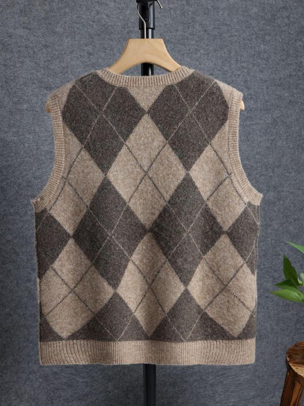 Men's Colorblock Argyle Print V Neck Sweater Vest, Casual Regular Fit Geometric Sleeveless Knit Top for Spring & Fall, Men's Knitwear for Daily Wear