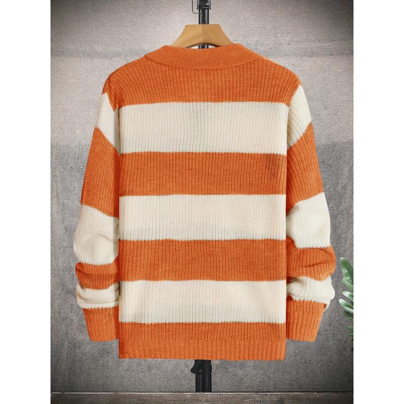 Men's Striped Knit Pullover Sweater, Casual Color Block Long Sleeve Fall Winter Wear