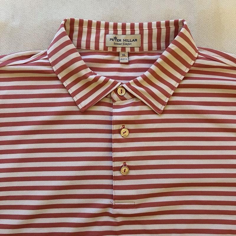 XL Red and White Striped Comfortable Summer Polo Golf Shirt by Peter Millar for Men