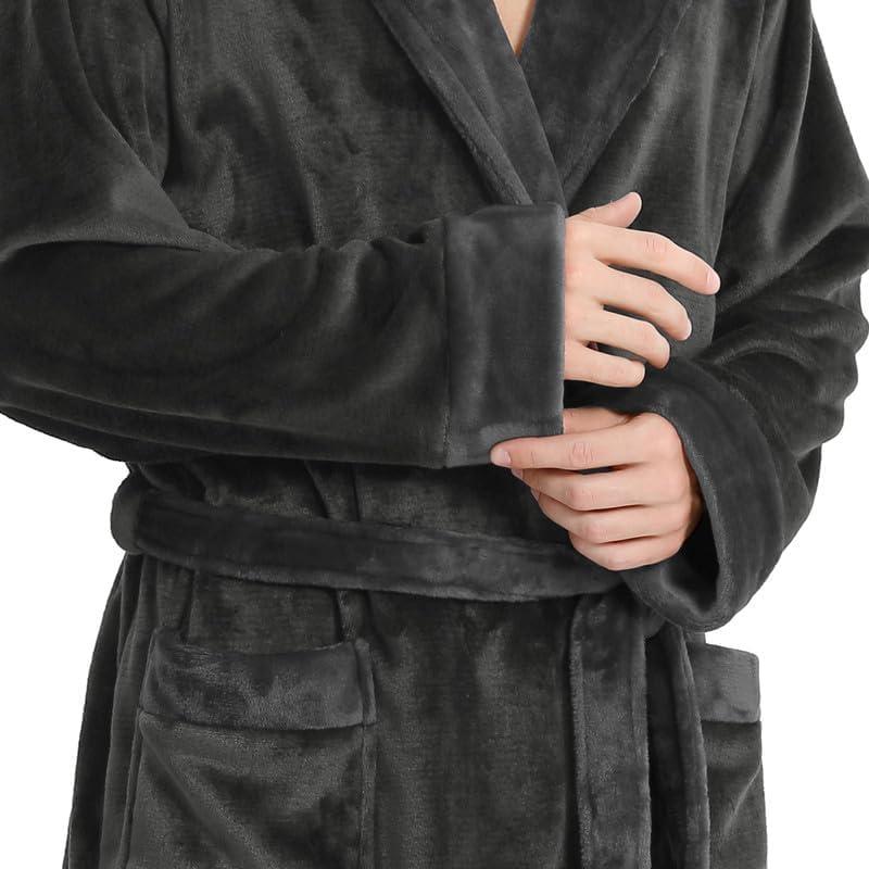 Mens Hooded Fleece Robe, Ultra Soft Mens Robe, Plush Hooded Robe for Men with Belt & 2 Pockets