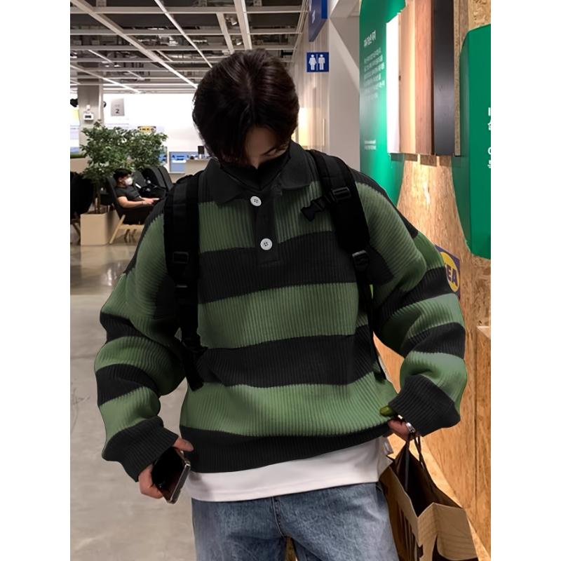 Men's Striped Knit Pullover Sweater, Casual Color Block Long Sleeve Fall Winter Wear