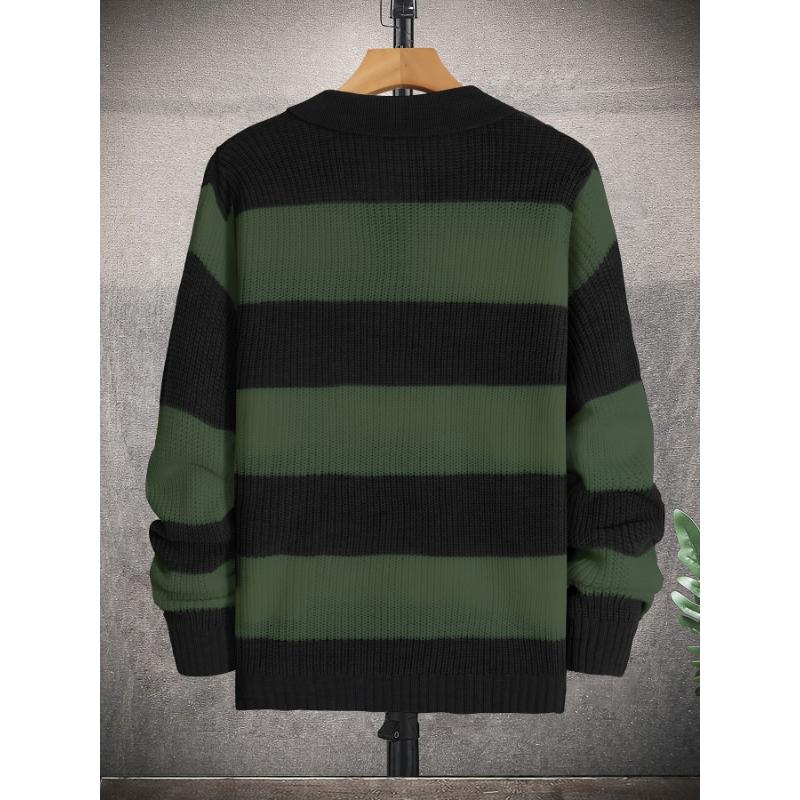 Men's Striped Knit Pullover Sweater, Casual Color Block Long Sleeve Fall Winter Wear