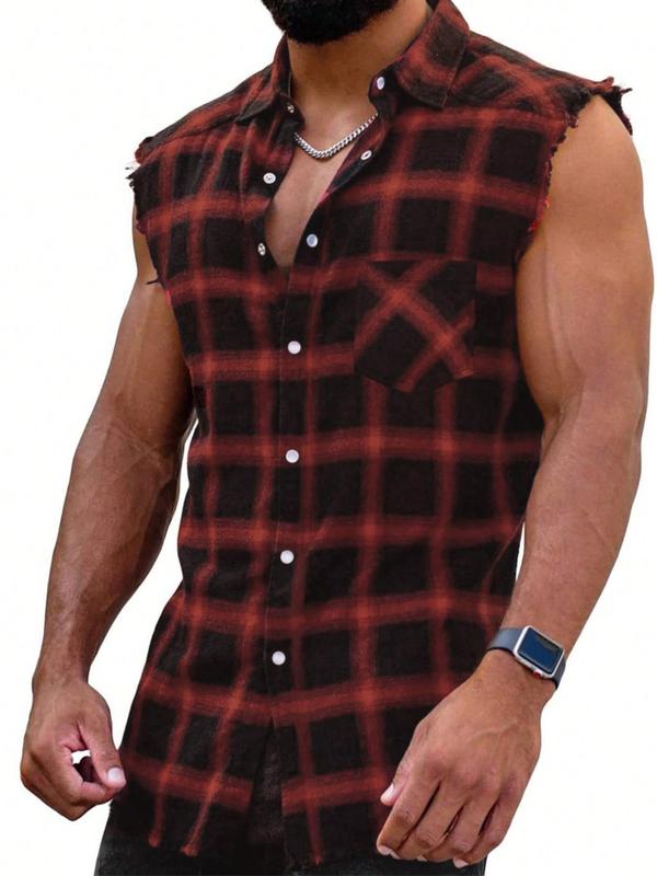 Men's Plaid Print Button Front Raw Hem Sleeveless Shirt, Regular Fit Casual Pocket Collar Shirt for Summer, Fashion Men's Streetwear Top for Daily Wear