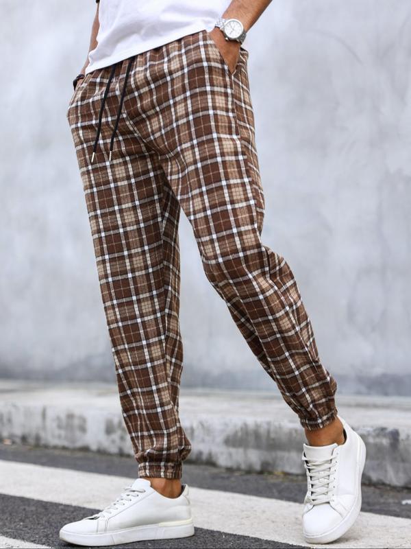 Men's Plaid Print Drawstring Waist Jogger Pants, Regular Fit Casual Comfy Pocket Trousers for Daily Wear, Men's Bottoms for All Seasons