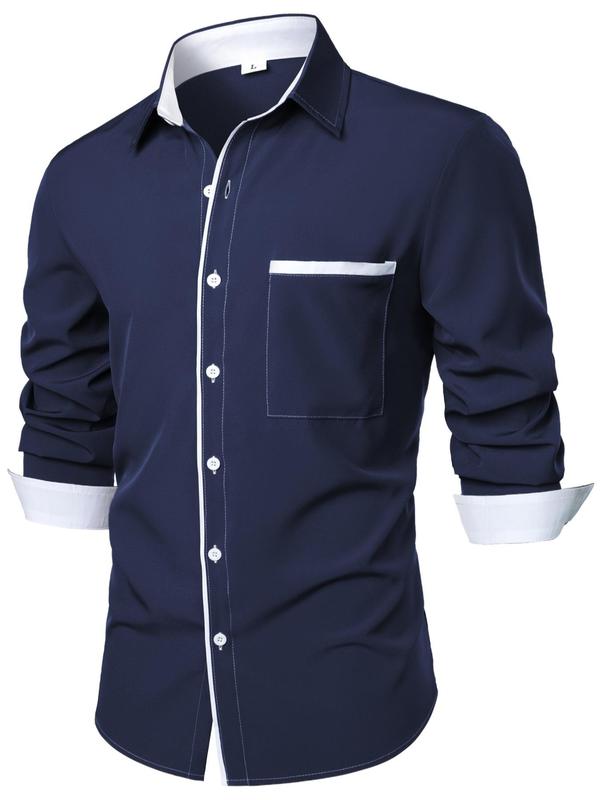 Men's Contrast Binding Pocket Button Front Shirt, Regular Fit Casual Long Sleeve Collared Top for Summer, Men's Clothes for Daily Wear