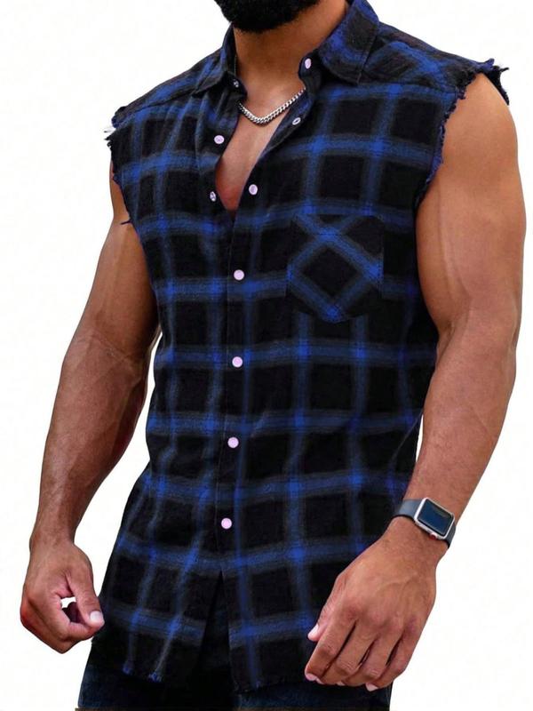 Men's Plaid Print Button Front Raw Hem Sleeveless Shirt, Regular Fit Casual Pocket Collar Shirt for Summer, Fashion Men's Streetwear Top for Daily Wear