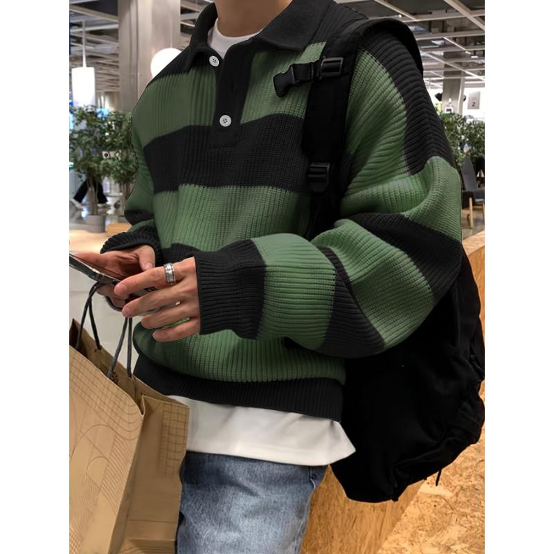 Men's Striped Knit Pullover Sweater, Casual Color Block Long Sleeve Fall Winter Wear