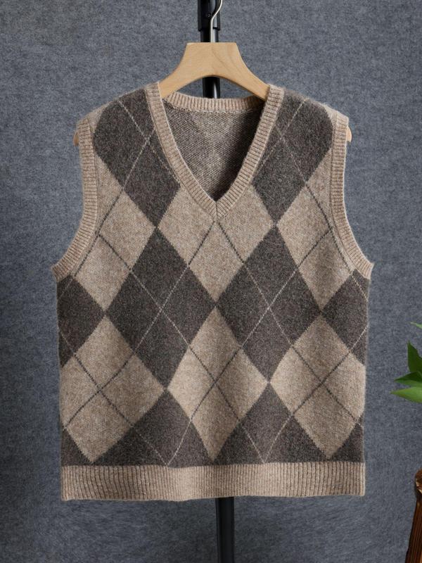 Men's Colorblock Argyle Print V Neck Sweater Vest, Casual Regular Fit Geometric Sleeveless Knit Top for Spring & Fall, Men's Knitwear for Daily Wear