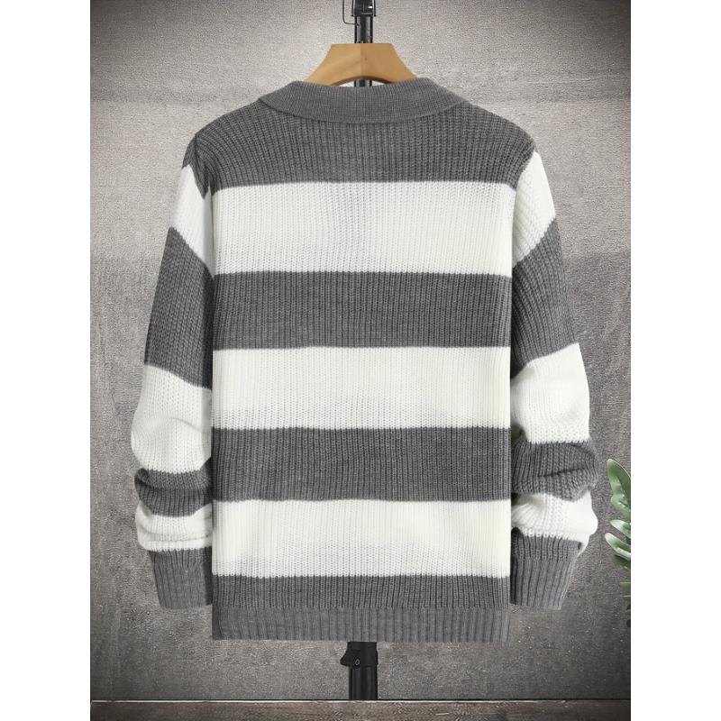 Men's Striped Knit Pullover Sweater, Casual Color Block Long Sleeve Fall Winter Wear