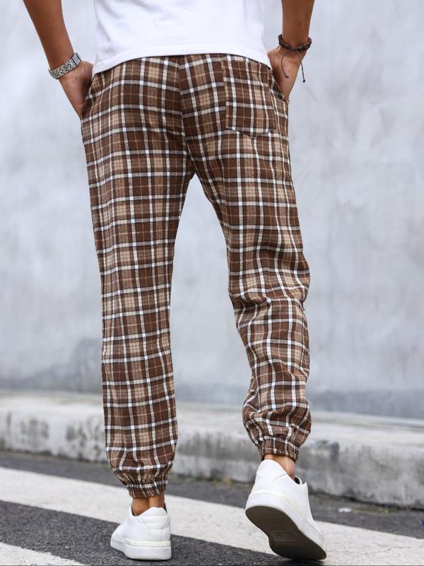 Men's Plaid Print Drawstring Waist Jogger Pants, Regular Fit Casual Comfy Pocket Trousers for Daily Wear, Men's Bottoms for All Seasons