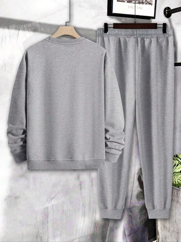 Men's Letter Print Drop Shoulder Sweatshirt & Drawstring Waist Sweatpants Set, Casual Regular Fit Long Sleeve Round Neck Pullover & Pocket Jogger Pants, Men's Two-piece Outfits for Fall & Winter