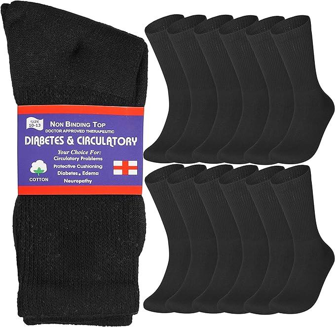 {12-Pairs} Unisex Cotton Non-Binding Extra Wide Diabetic Crew Socks For Men & Women