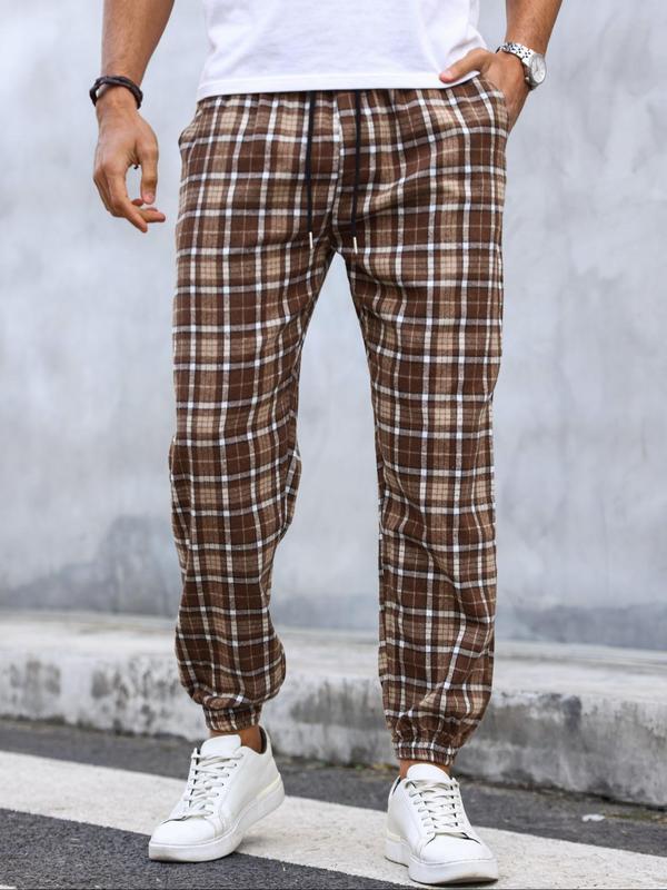 Men's Plaid Print Drawstring Waist Jogger Pants, Regular Fit Casual Comfy Pocket Trousers for Daily Wear, Men's Bottoms for All Seasons