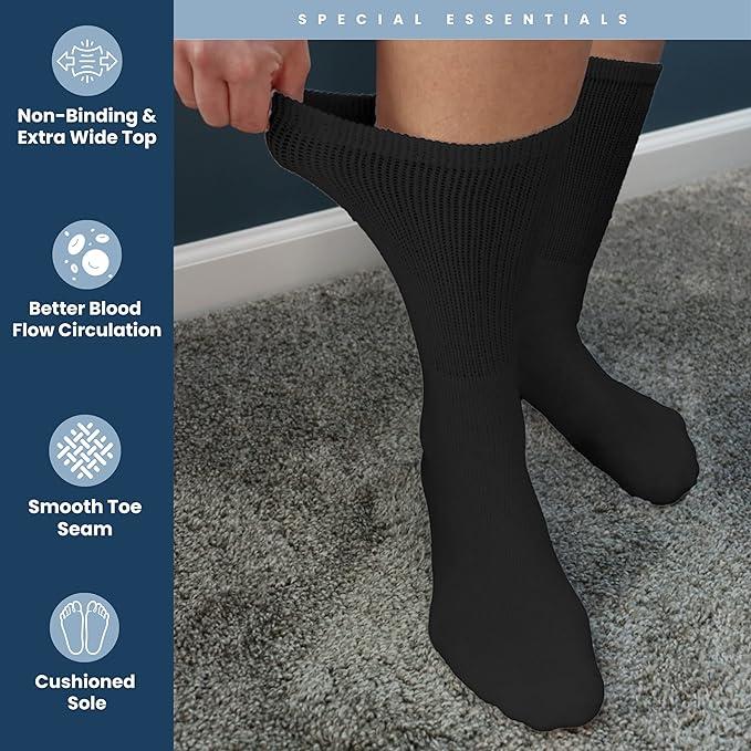 {12-Pairs} Unisex Cotton Non-Binding Extra Wide Diabetic Crew Socks For Men & Women