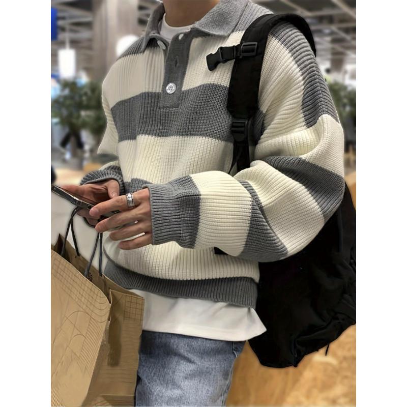 Men's Striped Knit Pullover Sweater, Casual Color Block Long Sleeve Fall Winter Wear