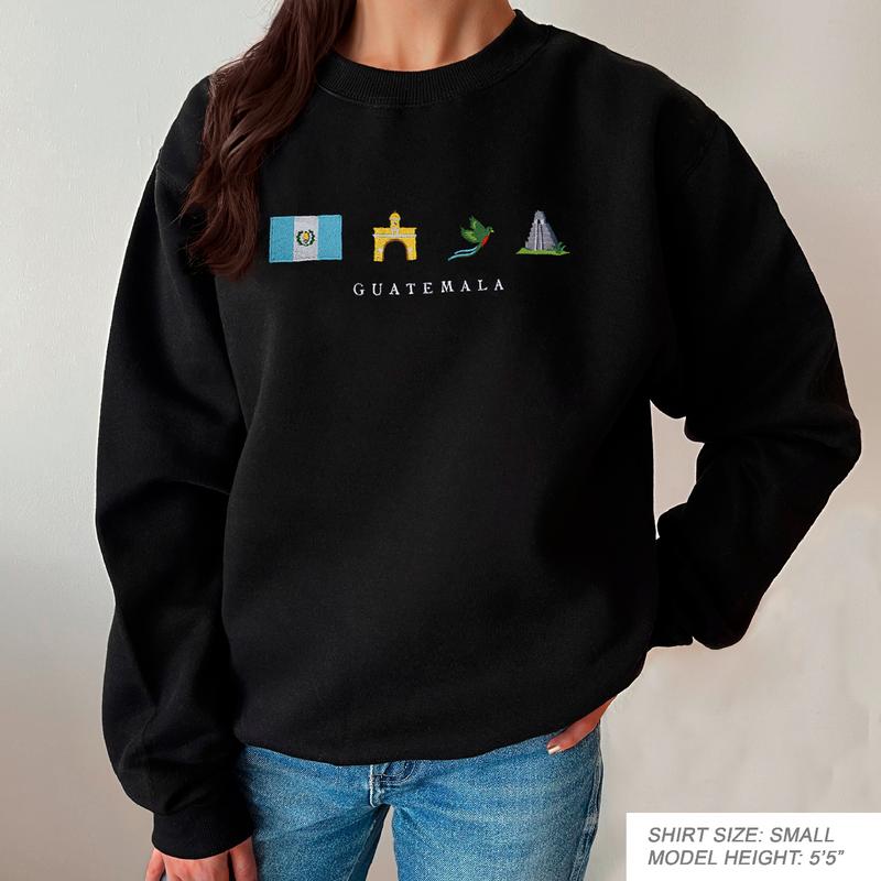 Guatemala Embroidered Sweatshirt, Cozy, Black, Quetzal, Tikal, Great Jaguar Temple, Antigua Arch, Chapín, Chapina, Maya, Symbol, Gift, Stitch Crewneck