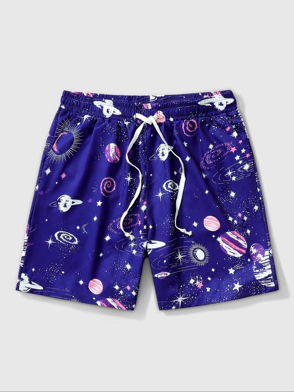 Men's Loose Planet  Print Drawstring Waist Shorts, Casual Elastic Waist Pocket Track Shorts for Daily Wear, Men's Bottoms for All Seasons