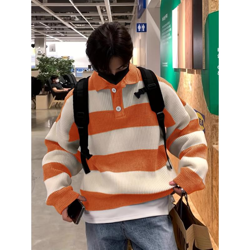 Men's Striped Knit Pullover Sweater, Casual Color Block Long Sleeve Fall Winter Wear