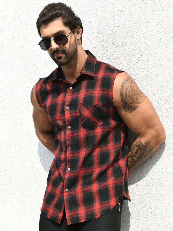 Men's Plaid Print Button Front Raw Hem Sleeveless Shirt, Regular Fit Casual Pocket Collar Shirt for Summer, Fashion Men's Streetwear Top for Daily Wear