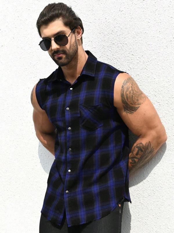 Men's Plaid Print Button Front Raw Hem Sleeveless Shirt, Regular Fit Casual Pocket Collar Shirt for Summer, Fashion Men's Streetwear Top for Daily Wear