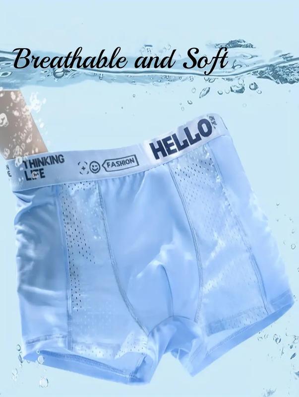 4pcs Men's Fashion Briefs, Mesh Semi-Sheer Boxer Shorts, 'Hello' Print Breathable Comfy Stretchy Underwear Panties, Ice Silk Cool Underpants