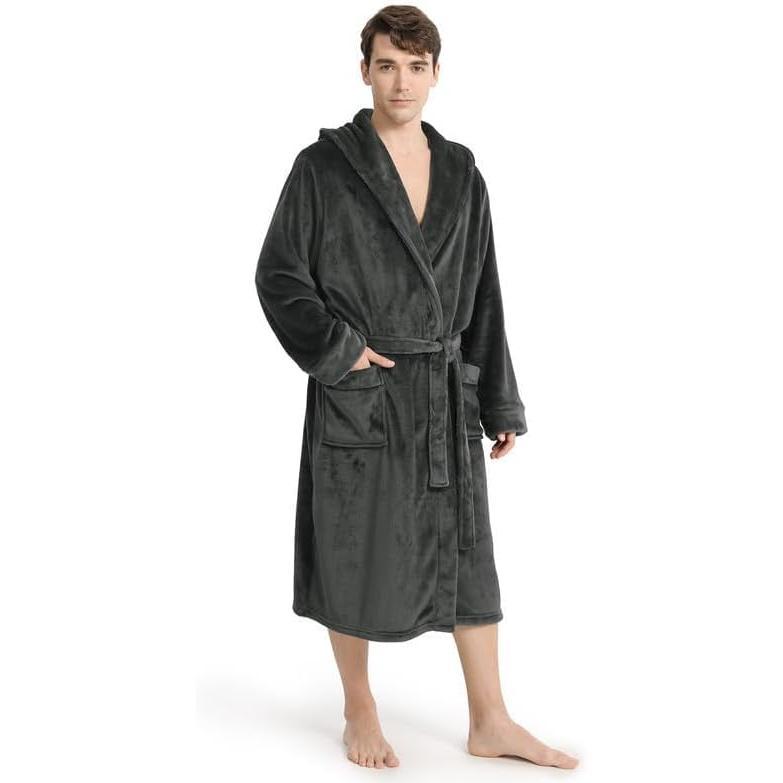 Mens Hooded Fleece Robe, Ultra Soft Mens Robe, Plush Hooded Robe for Men with Belt & 2 Pockets