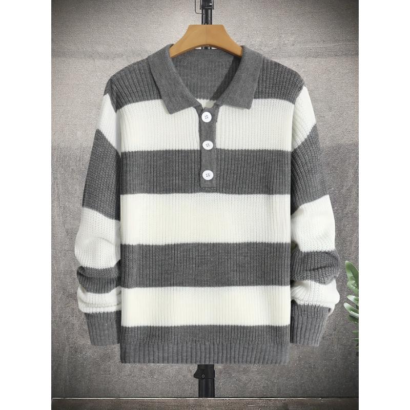 Men's Striped Knit Pullover Sweater, Casual Color Block Long Sleeve Fall Winter Wear