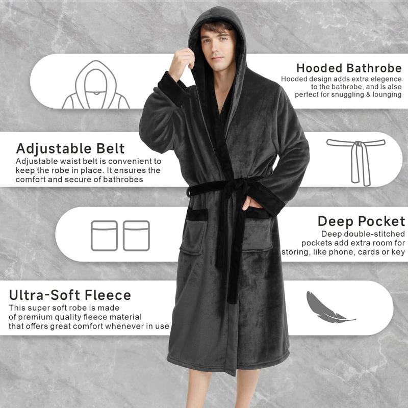 Mens Hooded Fleece Robe, Ultra Soft Mens Robe, Plush Hooded Robe for Men with Belt & 2 Pockets