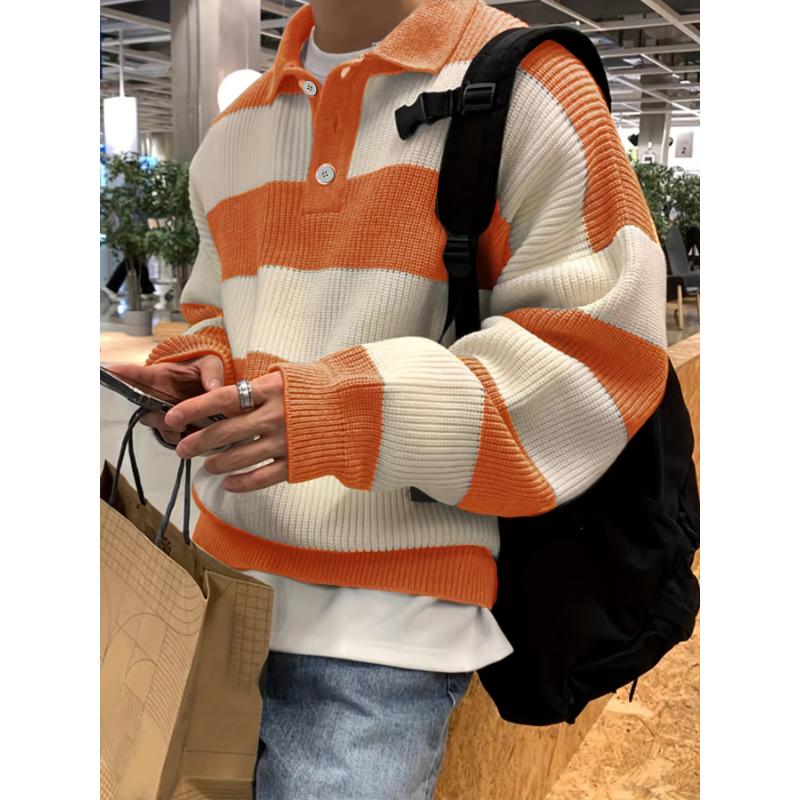 Men's Striped Knit Pullover Sweater, Casual Color Block Long Sleeve Fall Winter Wear