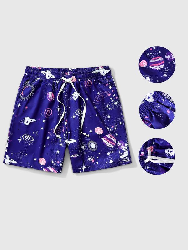 Men's Loose Planet  Print Drawstring Waist Shorts, Casual Elastic Waist Pocket Track Shorts for Daily Wear, Men's Bottoms for All Seasons