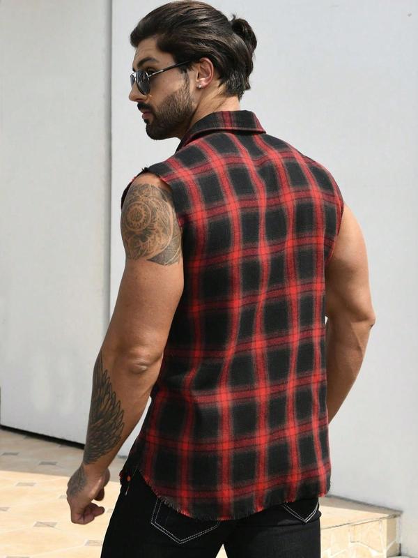 Men's Plaid Print Button Front Raw Hem Sleeveless Shirt, Regular Fit Casual Pocket Collar Shirt for Summer, Fashion Men's Streetwear Top for Daily Wear