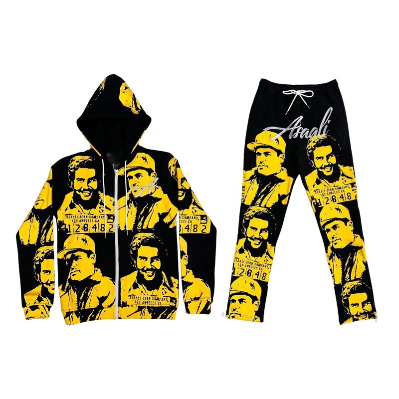 Pabllo Esc0bba Hip Hop Tracksuit, 2024 Hip Hop Streetwear Outfit, All Over Print Rep 1:1 Out Law Luxury Inspired Zipper and Sweatpant, Gift For Men Women