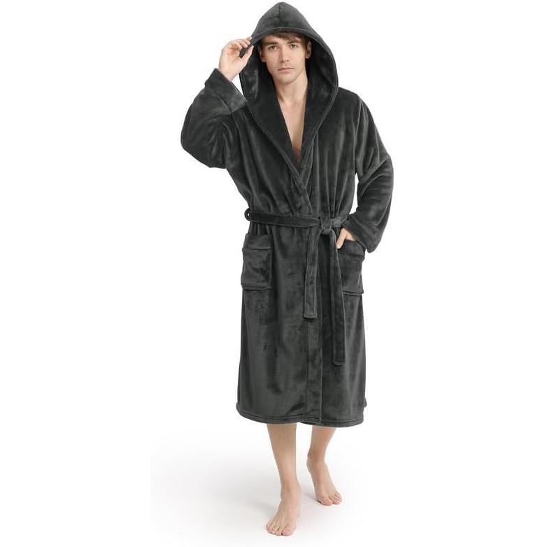 Mens Hooded Fleece Robe, Ultra Soft Mens Robe, Plush Hooded Robe for Men with Belt & 2 Pockets