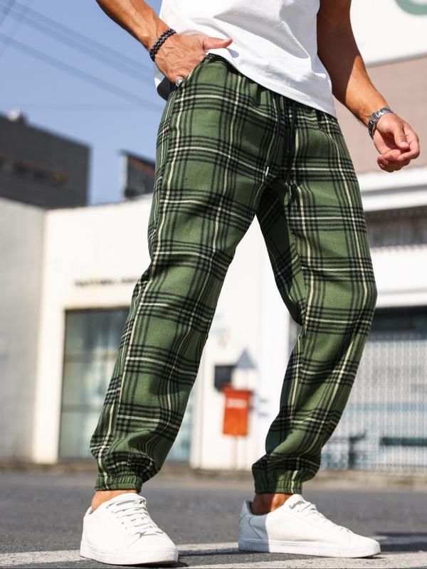 Men's Plaid Print Drawstring Waist Jogger Pants, Regular Fit Casual Comfy Pocket Trousers for Daily Wear, Men's Bottoms for All Seasons