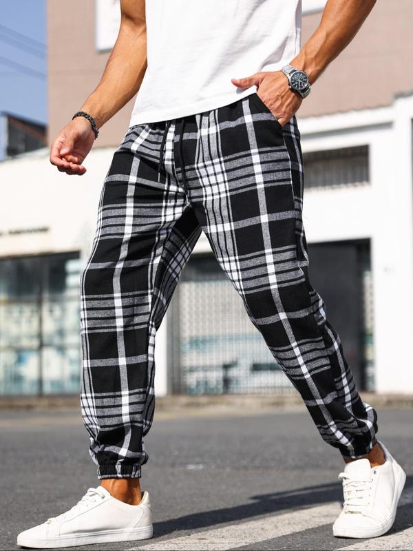 Men's Plaid Print Drawstring Waist Jogger Pants, Regular Fit Casual Comfy Pocket Trousers for Daily Wear, Men's Bottoms for All Seasons