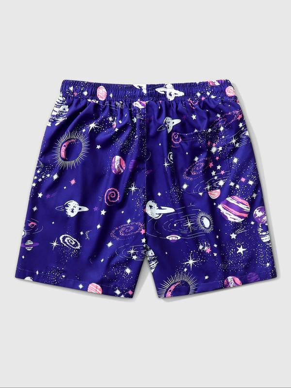 Men's Loose Planet  Print Drawstring Waist Shorts, Casual Elastic Waist Pocket Track Shorts for Daily Wear, Men's Bottoms for All Seasons