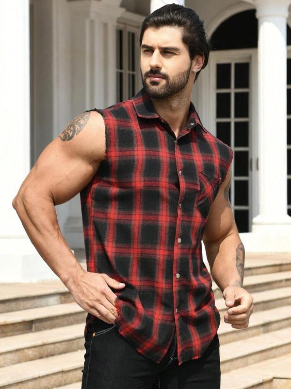 Men's Plaid Print Button Front Raw Hem Sleeveless Shirt, Regular Fit Casual Pocket Collar Shirt for Summer, Fashion Men's Streetwear Top for Daily Wear