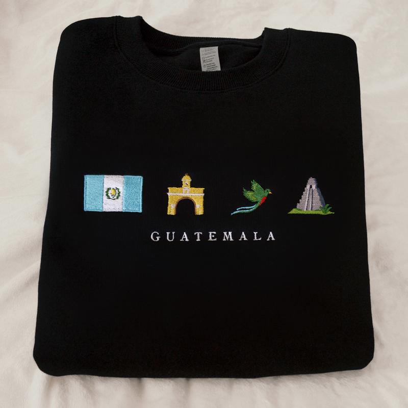 Guatemala Embroidered Sweatshirt, Cozy, Black, Quetzal, Tikal, Great Jaguar Temple, Antigua Arch, Chapín, Chapina, Maya, Symbol, Gift, Stitch Crewneck