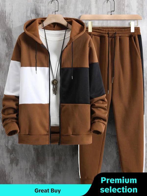 Two-piece Set Menswear Colorblock Zip Up Lounge Co-ord Set without Tee & Necklace, Casual Long Sleeve Full-zip Hooded Sweatshirt Outerwear & Jogger Pants Lounge Set,  Outfit Sets for Men,  Lazy School Outfit, Drippy Outfits, Going Out Outfits