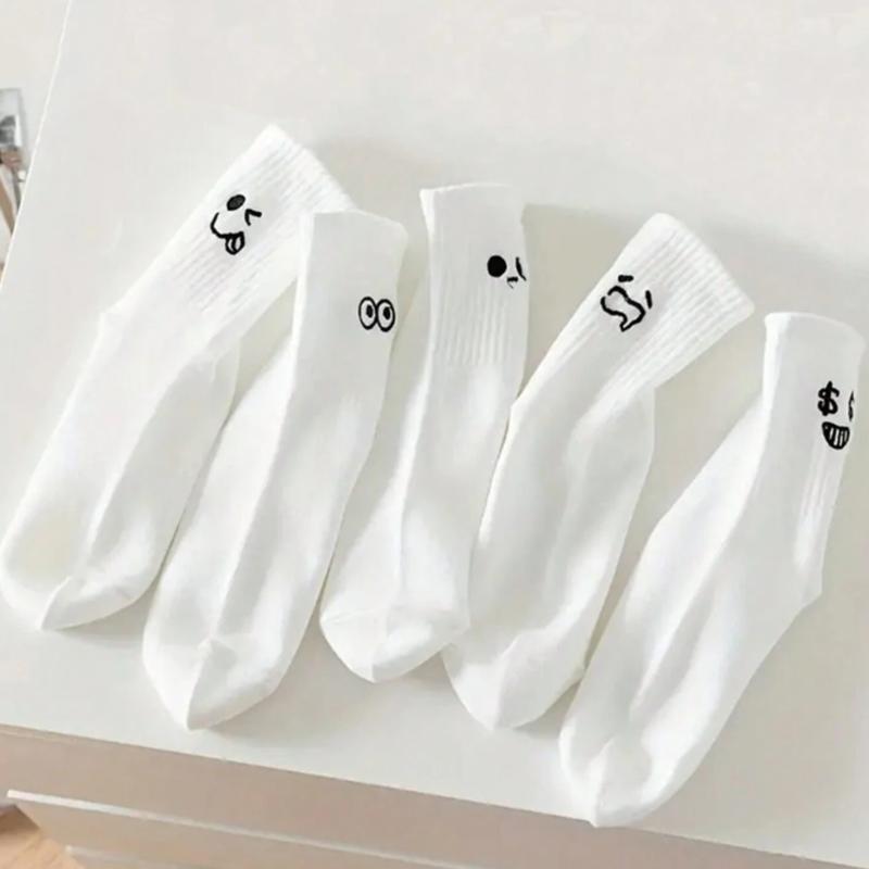 5pairs set Men's & Women's White Funny Face Mid-calf Socks Ins Couple Socks For Casual, Student, Autumn & Winter