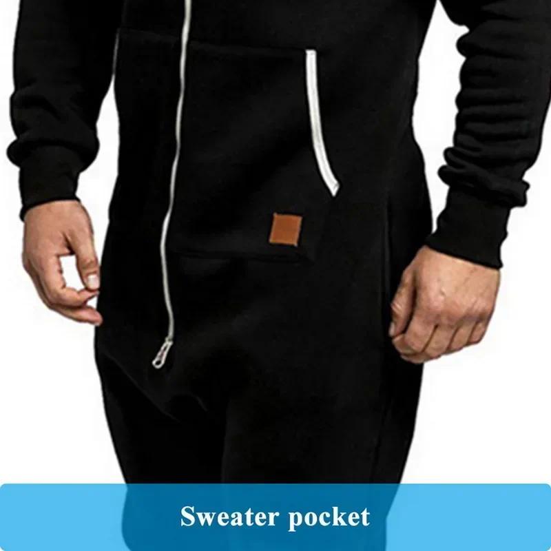 Mens Onesie Jumpsuit Pajamas Long Sleeve Sweatpants Pure Color Splicing Autumn Winter Casual Hoodie Male Zipper Jumpsuit