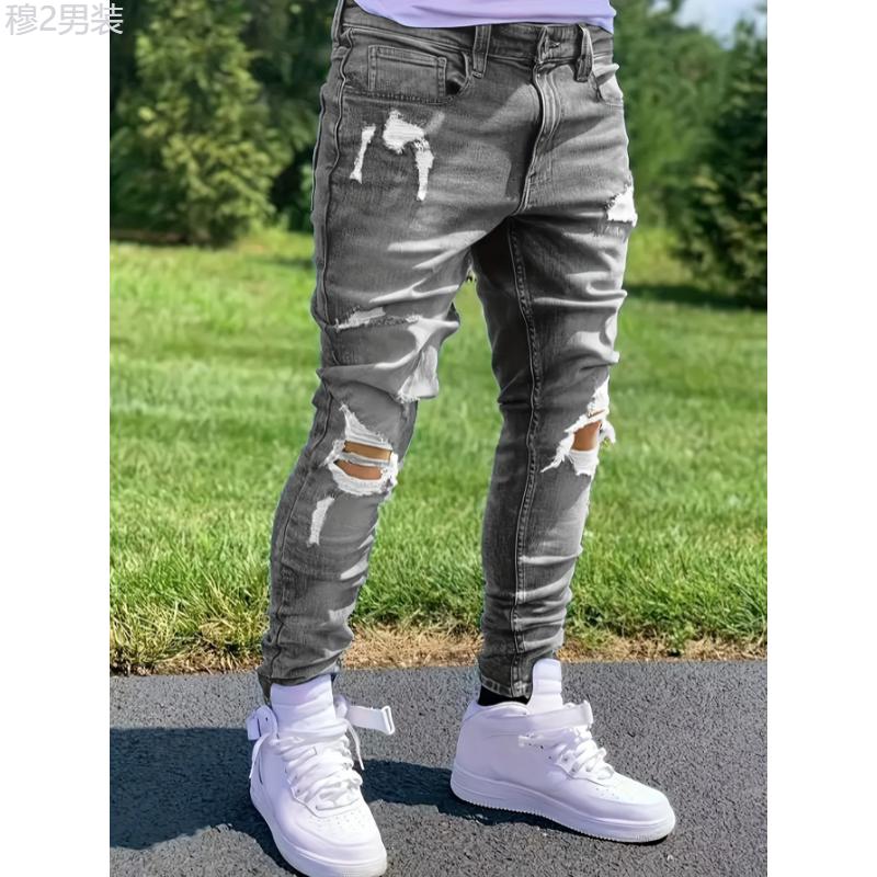 Chic Ripped Slim Fit Jeans, Men's Casual Street Style Stretch Jeans Menswear Underwear